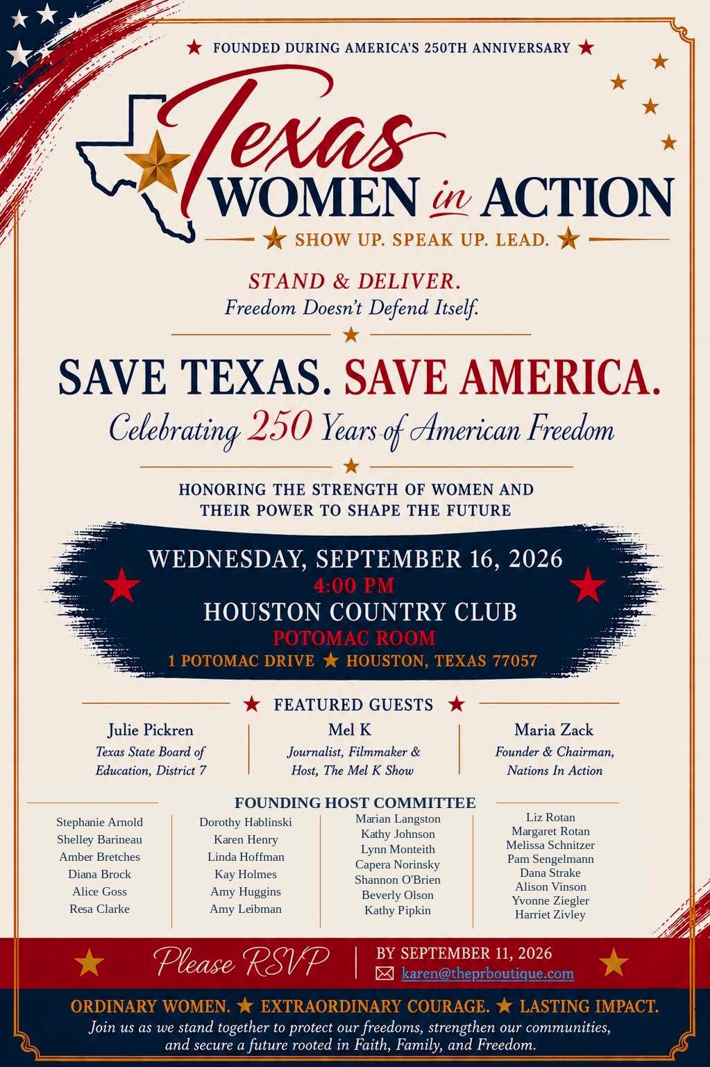 Texas Women in Action: Stand & Deliver invitation, Wednesday September 16, 2026, Houston Country Club, featuring Julie Pickren, Mel K and Maria Zack